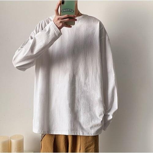 Oversized T Shirt One Piece O-Neck Men Long Sleeve 2021 Fashion Casual Black White Solid Color Top Loose Soft Mens Clothing