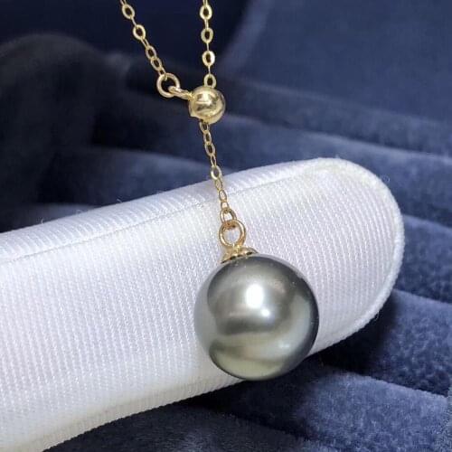 Fine Jewelry 18K Yellow Gold Natural Ocean Tahiti Black Pearl 9-10mm Pendant Necklaces for Women FIne Pearls Pendants