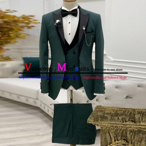 Classic Dark Green Groom Tuxedos Slim Fit Man Business Suit Wedding Party Blazer Waistcoat Trousers Sets (Jacket+Pants+Vest)