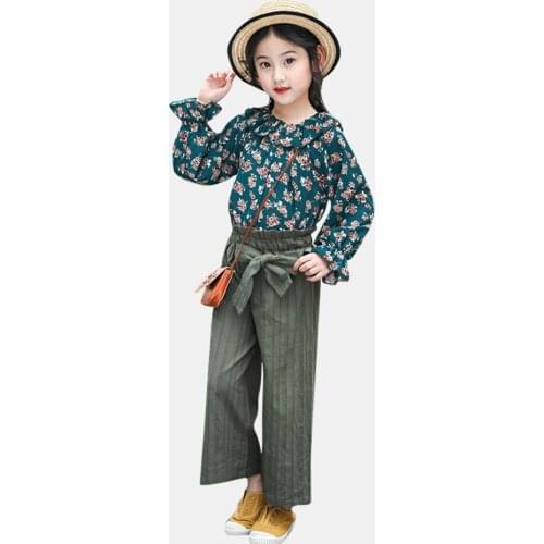 Clothing set girl floral shirt solid bow pants autumn girl casual children clothes winter clothes teen girls 3-13 years old