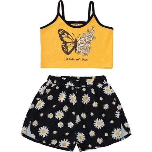Kids Girls Outfit Cotton Summer Suit Straps Sleeveless Butterflies Print Vest Tops and Shorts Set for Sport Exercise Casual Wear