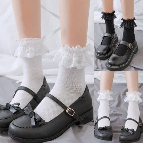 Women Girls Sweet Ruffle Frilly Lace Short Crew Socks Japanese Lolita Kawaii School Solid Color Breathable Mesh Hosiery