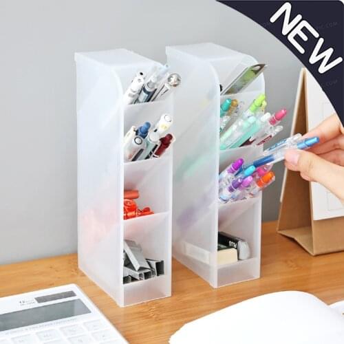 Multi-function 4-Grid Desktop Pen Holder Clear White Black Office School Storage Case Plastic Pen Box Desk Pencil Organizer