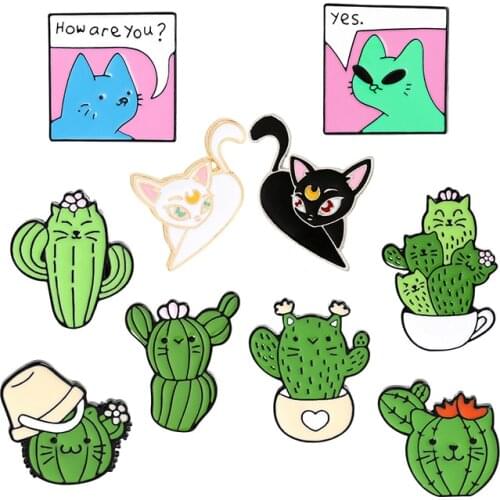 Cartoon animation kitten Enamel Brooch Cute cat face cactus Potted plant Lapel Pin How are you？ Cats Custom Badge gifts