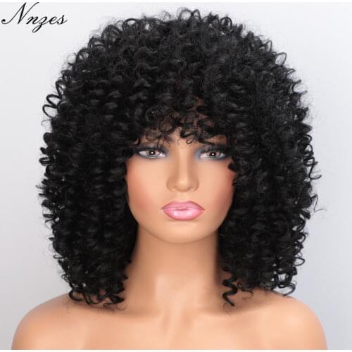 NNZES Synthetic Afro Kinky Curly Wigs for Black Women Black Mixed Brown Wig with Bangs 14 inches 2 Colors Available