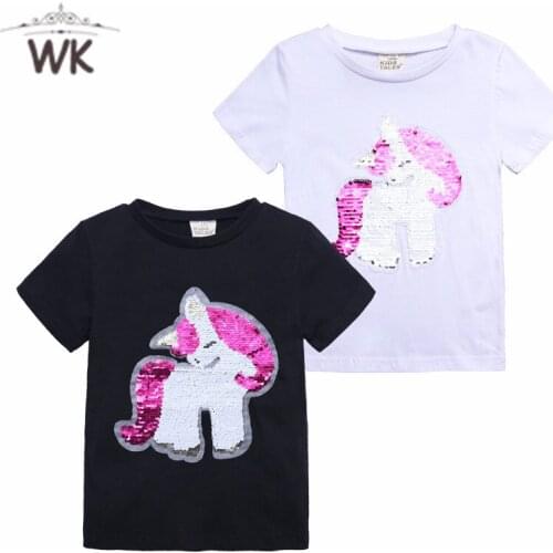 2021New Double Sided Sequin Flash Glitter T-Shirts For Girls Sequins T Shirt boys Cartoon horse Kids Tshirt girls Summer Clothes