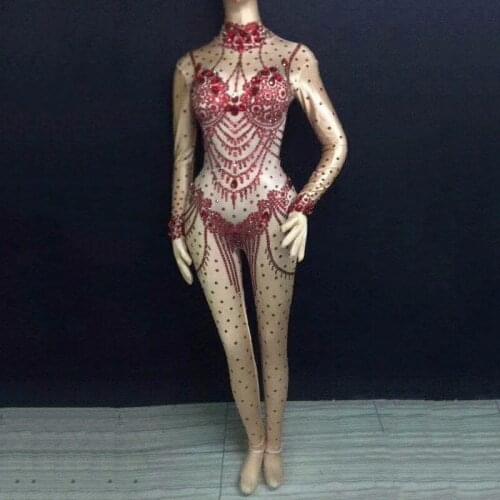New Red Sparkly Rhinestones Jumpsuit Womens Birthday Dance Party Prom Nightclub Singer Show Stage costume