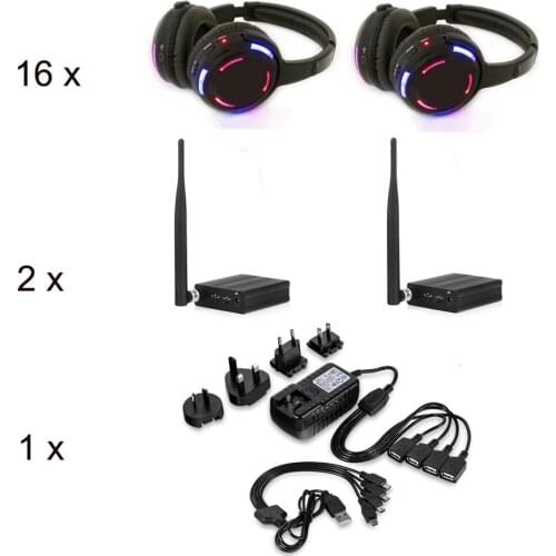 Original Silent Disco Headphones - 3 Channel LED Rechargeable Wireless Headphones package 16pcs with 2 transmitters