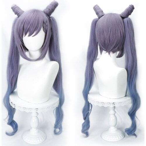 Adventure Game Genshin Impact Wig Keqing Cosplay Purple Long Curly Ponytails Ears Horns Pigtails Halloween Free Wig Cap