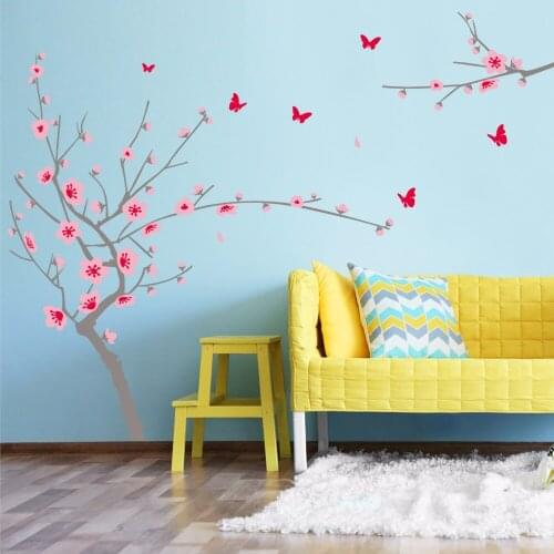 Romantic Sakura wall stickers Vinyl Butterfly sakura DIY wall decals for Living room Bedroom Girls room decor murals