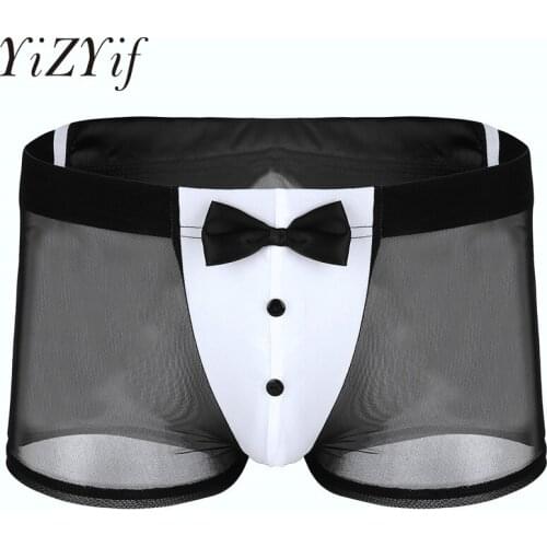 YiZYiF Sexy Mens Underwear Waiter Tuxedo Lingerie Mesh See -Through Boxer shorts Underpants with Rabbit Ears on Back