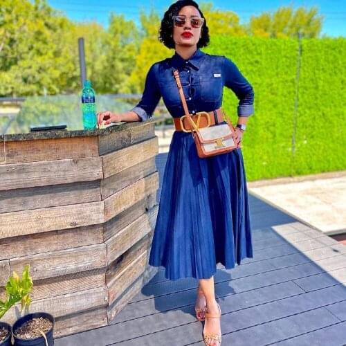 Squeeze Pleated Blue Denim Skirt African Large Dress Lapel Single Breasted Long Sleeves Elegant Party Ladies New Fashion Spring