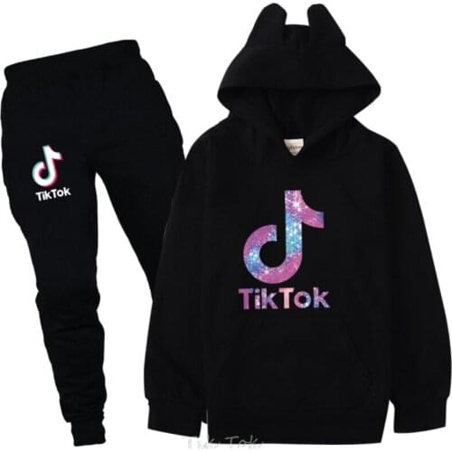 Tik Tok 2021 childrens clothing spring trend long-sleeved printed pattern casual sweater black trouser suit fashion clothes