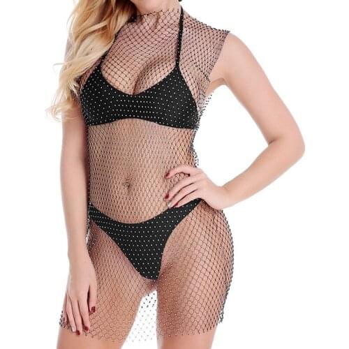 Sanderala Womens Sexy Camisole Rhinestones Black Mesh Hollow Chain Sleeveless Fishnet Bodycon Top Elastic Club Party Body Vest