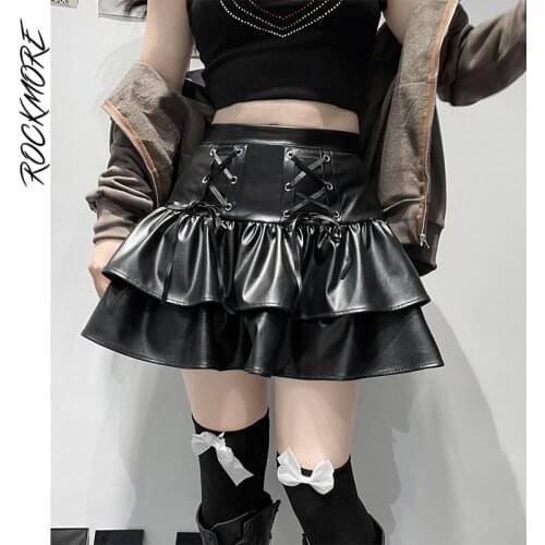 Rockmore Goth Pleated Leather Skirt Women Aesthetic High Waist Mini Skirts Dark Academic Cosplay Punk Lace Up Skirts Y2K E Girl