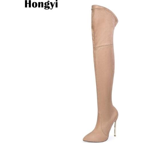 Hongyi 2018 Over The Knee Boots Winter Pointy Toe Blade Heeled Women Boots Lady Stretch Fabric Fashion Boots Big Size 34-43