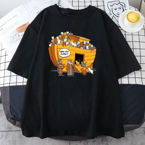 Cartoons Style Noahs Ark cat Print Womens Tshirts simple Oversize T-Shirts Fashion Loose Tops Soft Breathable T-Shirt for Women