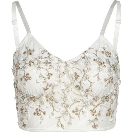 2021 New Women Close-fitting Sexy Camisole, White Floral Embroidery Pattern V-neck Crop Tops