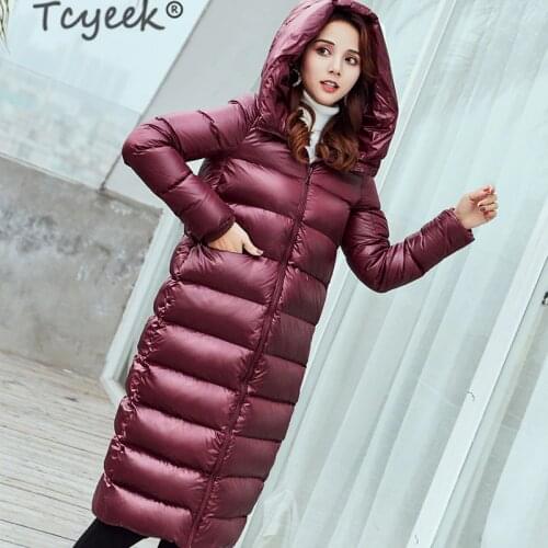 Tcyeek Womens Down Jacket X-Long Winter Coat Female Korean Casual Thick Bright Duck Down Jacket Women Hooded Warm Outwear 1601