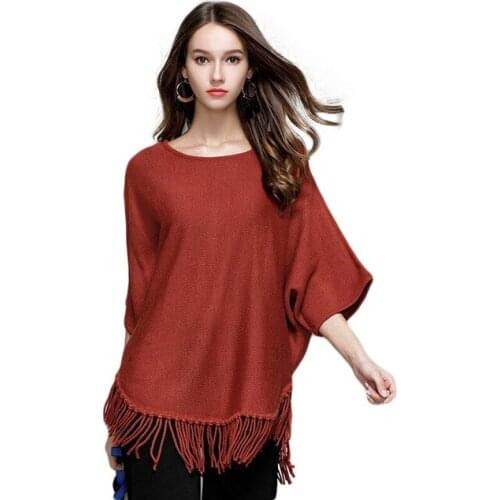 2019 Spring Autumn Fashion Elegant Cloak Sweaters Tassel Solid Oversize Jumper Bat Sleeved Poncho Women Knitted Sweaters Shirt