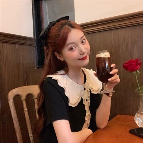 Womens Doll Collar Short Dress Short Sleeves Contrast Above Knee Casual Dress for Summer Holiday TT@88