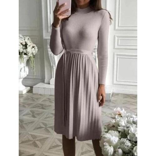 Women Vintage Pleated Sashes Knitted Party Dress Long Sleeve Stand Collar Solid Elegant Casual A-line Dress 2021 Winter Dress