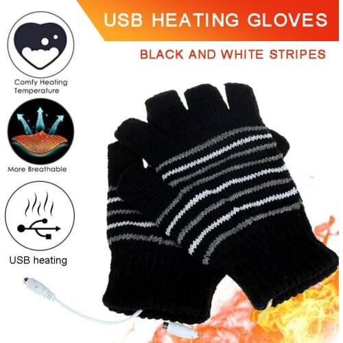 1 Pair Fast Heating Warming Products Gloves Unisex Winter Knitted USB Electric Heated Thermal Gloves Black & White