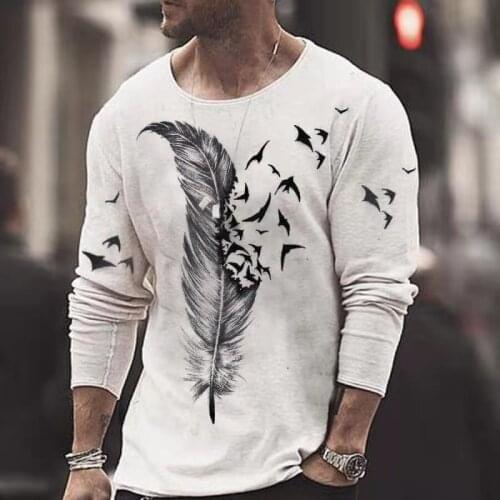 2021 Spring Black Color Rose Print Long Sleeve Mens T-Shirt Plus Size Solid Color Pullover Feather Print Loose Tops