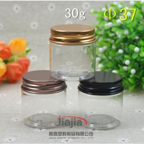 30 grams clear PET Jar,30ml Plastic Jar with gold/black/brown Aluminum cap Cosmetic Packaging Personal Care Sample Container