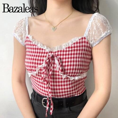Bazaleas Retro Women T-shirt Vintage Tartan Lace Patchwork Cropped tshirt women Fashion Crop top harajuku Tee Drop shipping