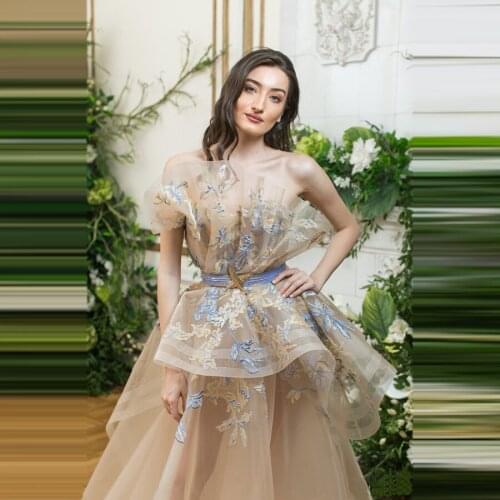 2020 Elegant Women Evening Gowns A-line Embroidered Ruffles Appliques Strapless Formal Pageant Party Prom Girls Long Dresses