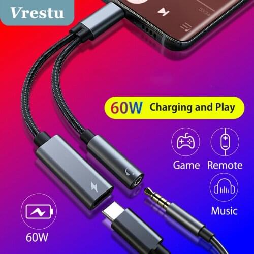 60W 2 in 1 Type C to 3.5mm Jack Earphone Cable AUX Splitter Adapter for Samsung S20 Ultra Note 20 iPad Pro 2020 Xiaomi10 Huawei