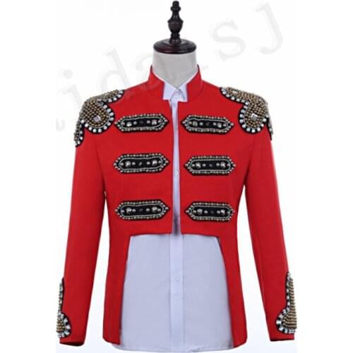 Red blazer men groom suit set with pants mens wedding suits costume singer style stage stand collar clothing formal dress