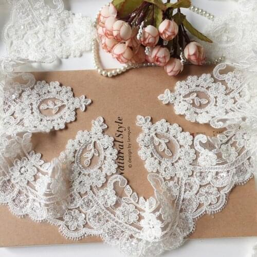 1yard/lot 14cm Luxury Top Quality Off White Bone Embroidery Lace Trim With Beading DIY Wedding Lace Dress Material X758