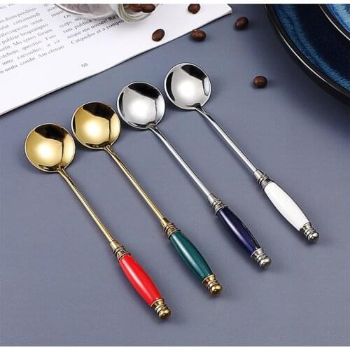 Kitchen Dessert Spoon Stainless Steel Coffee Milk Spoon With Ceramic Handle Gold-plated Home Afternoon Tea Coffee Mixing Spoons