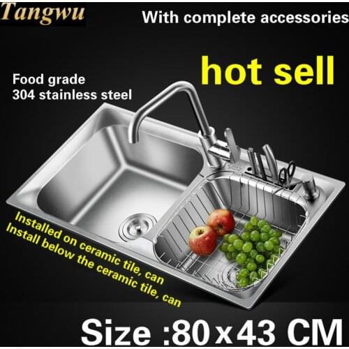 Free shipping kitchen sink washing dishes 0.8 mm food grade 304 stainless steel normal large double groove hot sell 800x430 MM