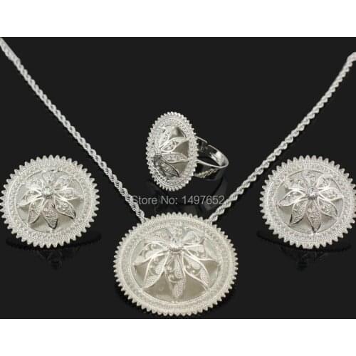 Newest Ethiopian Pendant/Earrings/Ring/Necklace Jewelry Silver Plated Habesha Jewelry African 4PCS Wedding Jewelry Sets