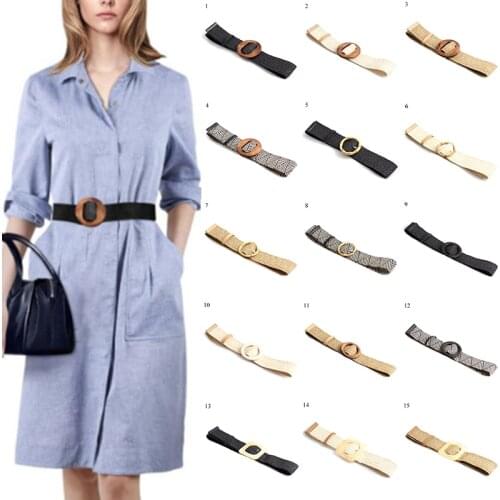 4.8cm Women Braided Elastic Belt Round Buckle Square Button Girdle Bamboo buckle Wood Buckle Jade Buckle Belt Braided Waist Belt