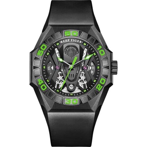 Reef Tiger Luxury Watches For Mens Men Automatic Watch Mechanical Wristwatch 200M Waterproof Skeleton Sapphire Mirror Military