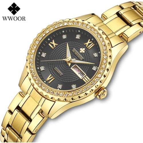 WWOOR Luxury Gold Black Watch For Women Fashion Diamond Dress Sports Wristwatch Ladies Bracelet Designer Clock Gift Montre Femme