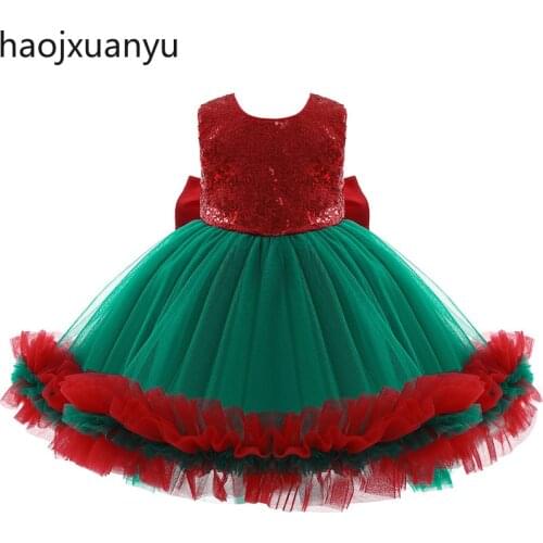 Kids Baby Girl Christmas Tree Cosplay Costumes Red Green Leeveless Sequined Big Bow Dress Children Party Costume for Kids