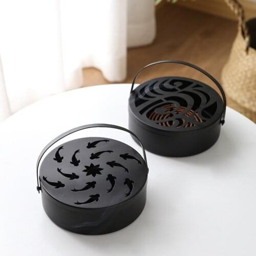 Iron Mosquito Coil Holder Hollow Mosquito Coil Box Round Incense Burner With Handle Home Office Portable Anti Scald Wrought Home