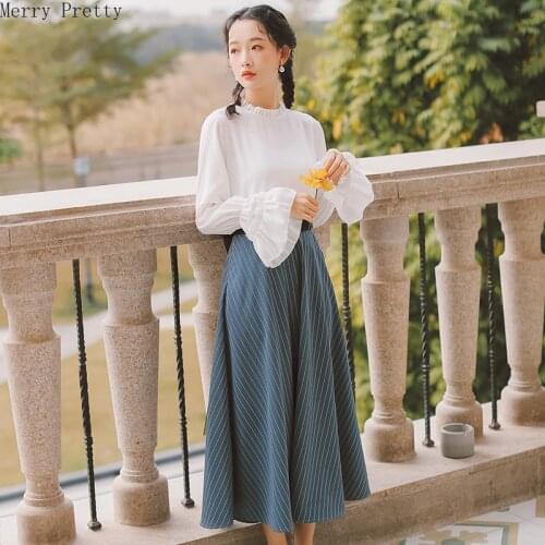 Womens Two Piece Set Flare Sleeve Stand Collar Ruffles Blouse Hight Waist Knee Length Pleated Skirt A-line Skirt With Sashes