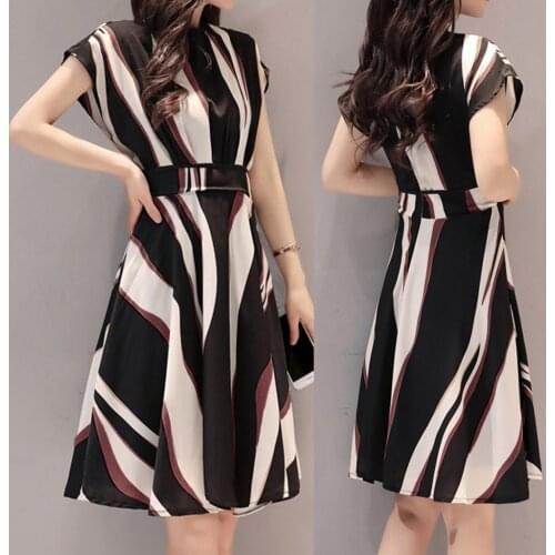 4# Women High Waist Business Dress With Belt O-neck Short Sleeve Knee Length Dress Elegant Dresses For Women Plus Size Dress