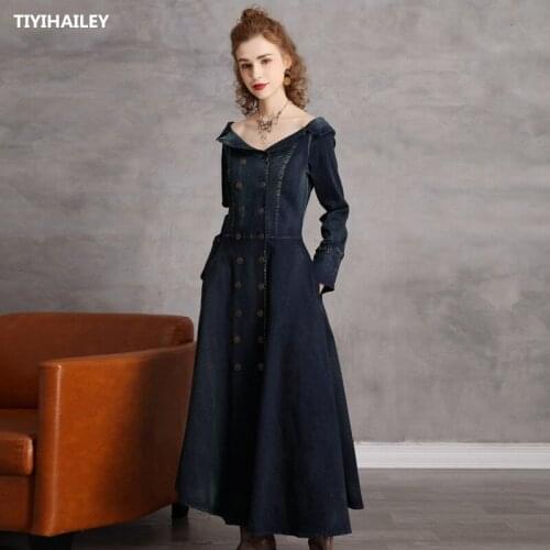 TIYIHAILEY Free Shipping 2020 New Double Breasted Denim Dresses Women Long Sleeve Maxi S-XL Vintage Jeans Slash Neck Dresses