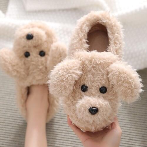 Winter Home Slippers Warm Shoes Fashion Women Men Non-Slip Dog Cute Fur Soft Sole Indoor Bedroom House Couple Female Slides