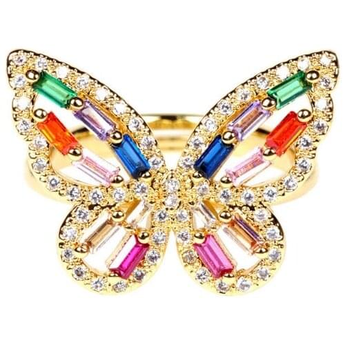 18K Real Gold Hollow Rainbow Butterfly CZ Rings for Women Adjustable Open inlaid zircon Ring Wedding cocktail party Jewelry Gift
