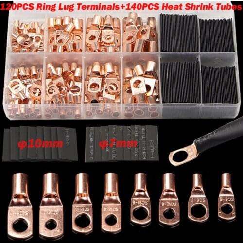 260/240/65CPS Assortment Car Auto Copper Ring Terminal Wire Crimp Connector Bare Cable Battery Terminals Soldered Connectors Kit