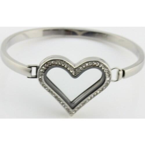 5PCS Crystals Stainless Steel Bangles Heart Glass Living Floating Charm Locket Bangles Bracelets for Women
