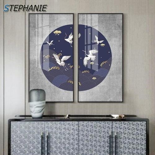 Abstract Vintage Animal Cloud Cranes Poster Wall Art Pictures Print Modern Blue Grey Canvas Painting Bedroom Home Decoration